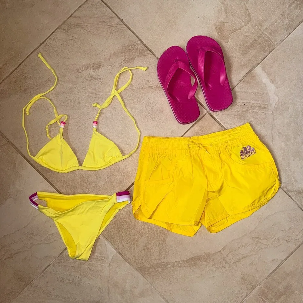 Sundek Girl Bikini Set with matching swim shorts and flip flops NWOT